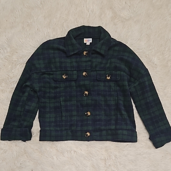 LuLaRoe MEDIUM Flannel Berlin Jacket Great Outdoors Collection Green Blue plaid - Picture 6 of 6